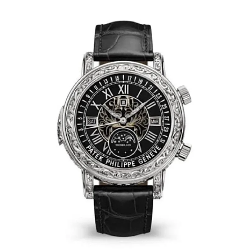 Patek Philippe Grand Complications Sky Moon Tourbillon Double-Face 44mm Watch - Ref: 6002G-010 - Black Enamel Dial in Engraved 18K White Gold Black Leather Strap