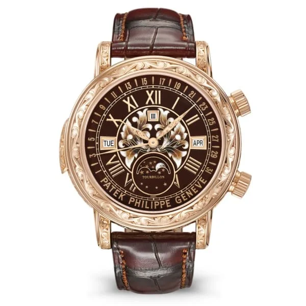 Patek Philippe Grand Complications Sky Moon Tourbillon 44mm Watch - Ref: 6002R-001 - Brown Enamel Moon-Phase Dial in 18K Rose Gold Brown Leather Strap