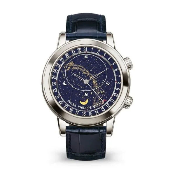 Patek Philippe Grand Complications Celestial 44mm Watch - Ref: 6102P-001 - Blue Disks Sky Background & Moon-Phase Dial in Platinum Shiny Navy Blue Alligator Strap