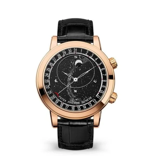 Patek Philippe Grand Complications Celestial 44mm Watch - Ref: 6102R-001 - Black Disks Sky Background & Moon-Phase Dial in 18K Rose Gold Shiny Black Alligator Strap