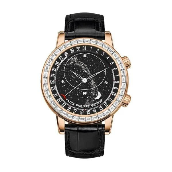 Patek Philippe Grand Complications Celestial 44mm Watch - Ref: 6104R-001 - Black Disks Sky Background & Moon-Phase Dial & Diamond Bezel in 18K Rose Gold Shiny Black Alligator Strap