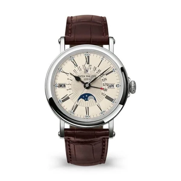 Patek Philippe Grand Complications  38mm Watch - Ref: 5159G-001 - White Moon-Phase Dial in 18K White Gold Brown Leather Strap