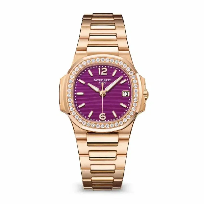 Patek Philippe Nautilus Ladies 32mm Women's Watch - Ref: 7010-1R-013 - Purple Wave Motif Dial, 18K Rose Gold Bracelet