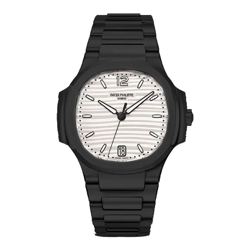 Patek Philippe Nautilus Ladies 35.2mm Women's Watch - Ref: 7118/1A-010 - White Opaline Dial, Black PVD Stainless Steel Bracelet