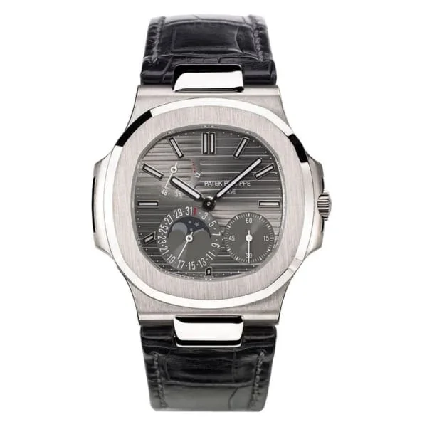 Patek Philippe Nautilus 40mm Watch - Ref: 5712G-001 - Gray Moon-Phase Dial in 18K White Gold Black Leather Strap