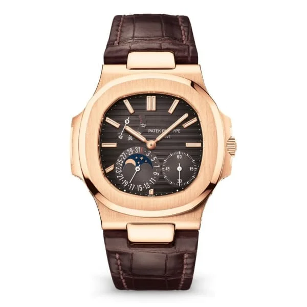 Patek Philippe Nautilus 40mm Watch - Ref: 5712R-001 - Brown Moon-Phase Dial in 18K Rose Gold Brown Leather Strap