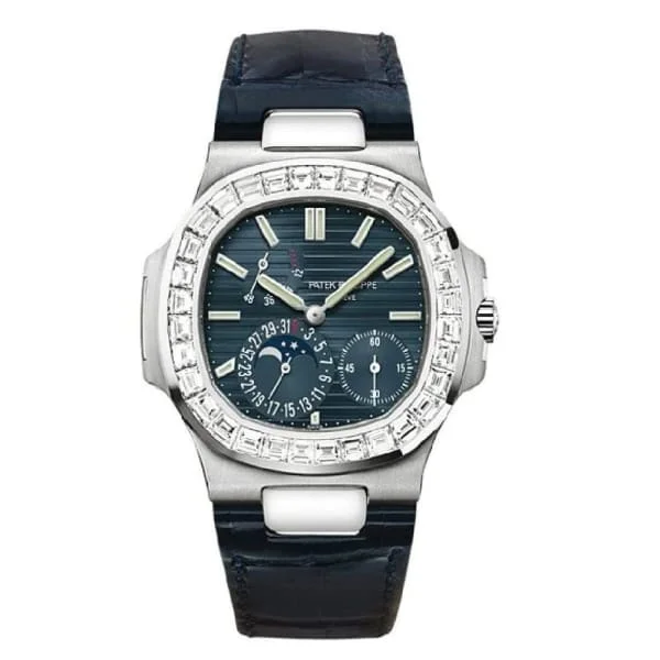 Patek Philippe Nautilus 40mm Watch - Ref: 5722G-001 - Blue Moon-Phase Dial & Diamond Bezel in Blue Alligator Strap