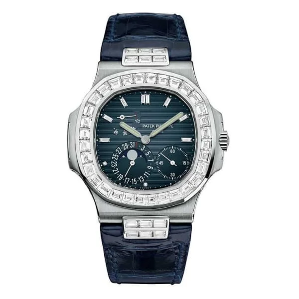 Patek Philippe Nautilus 40mm Watch - Ref: 5724G-001 - Blue Moon-Phase Dial, Diamond Bezel & Attachment Blue Alligator Strap