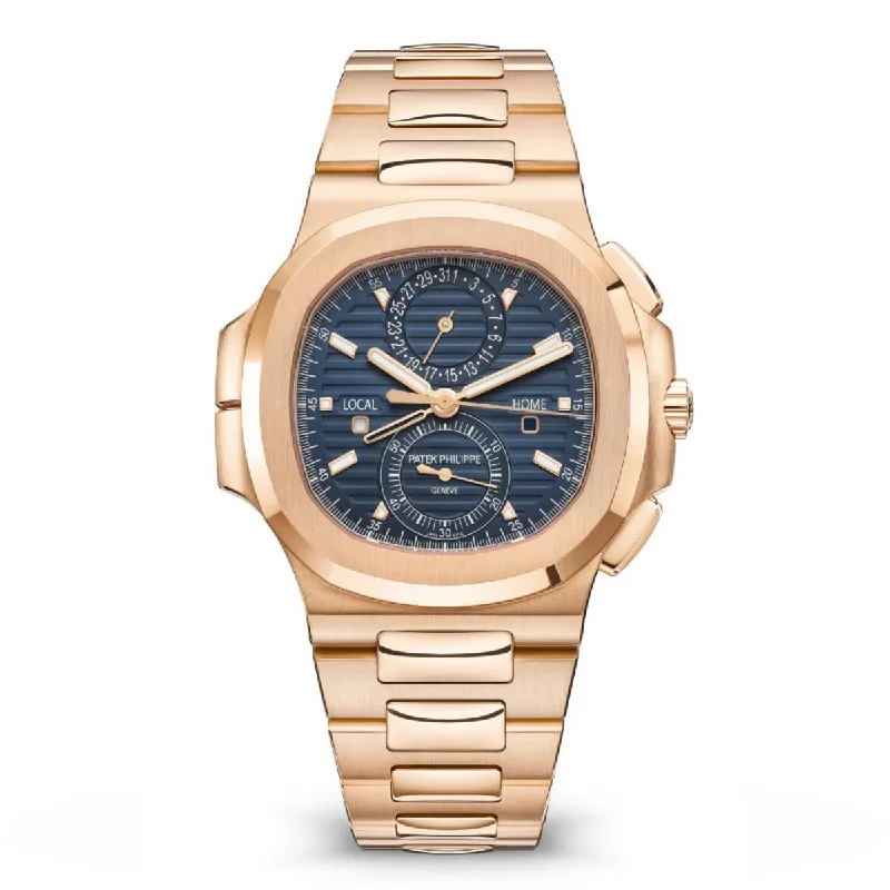 Patek Philippe Travel Time Flyback Chronograph 40.5mm Watch - Ref: 5990-1R-001 - Blue Dial, 18K Rose Gold Bracelet