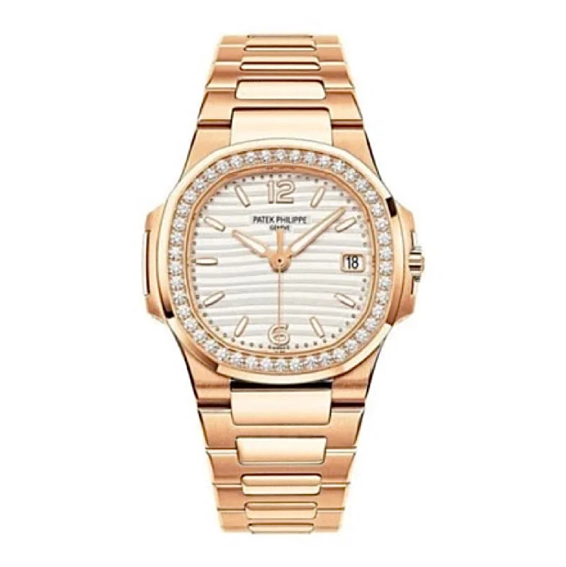 Patek Philippe Nautilus Ladies 32mm Women's Watch - Ref: 7010/1R-011 - Golden White Opaline Dial, 18K Rose Gold Bracelet