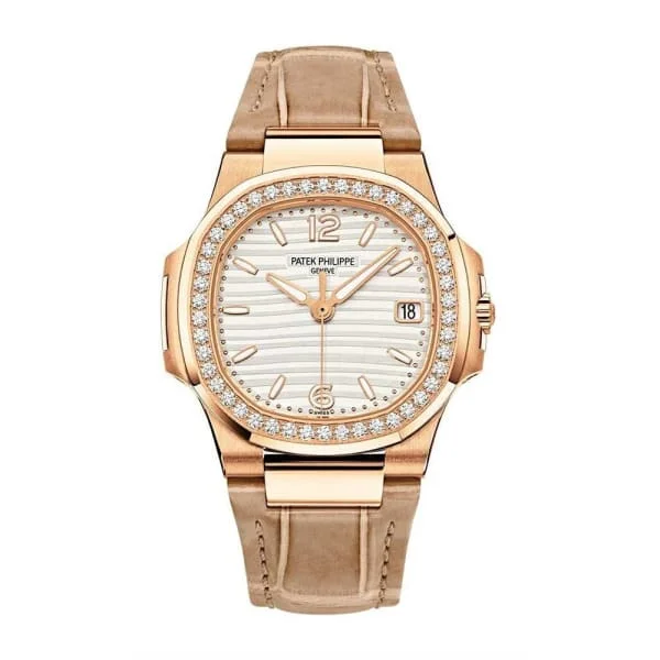 Patek Philippe Nautilus Ladies 32mm Women's Watch - Ref: 7010R-011 - Golden White Opaline Dial in 18K Rose Gold Beige Leather Strap