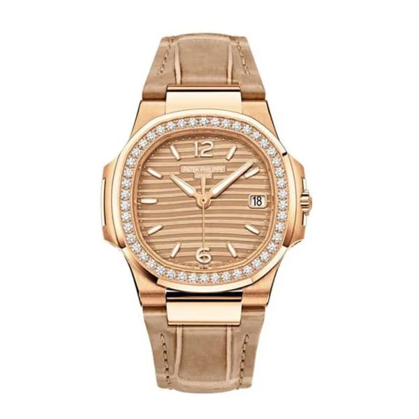 Patek Philippe Nautilus Ladies 32mm Women's Watch - Ref: 7010R-012 - Golden Brown Opaline  Dial in 18K Rose Gold Beige Leather Strap