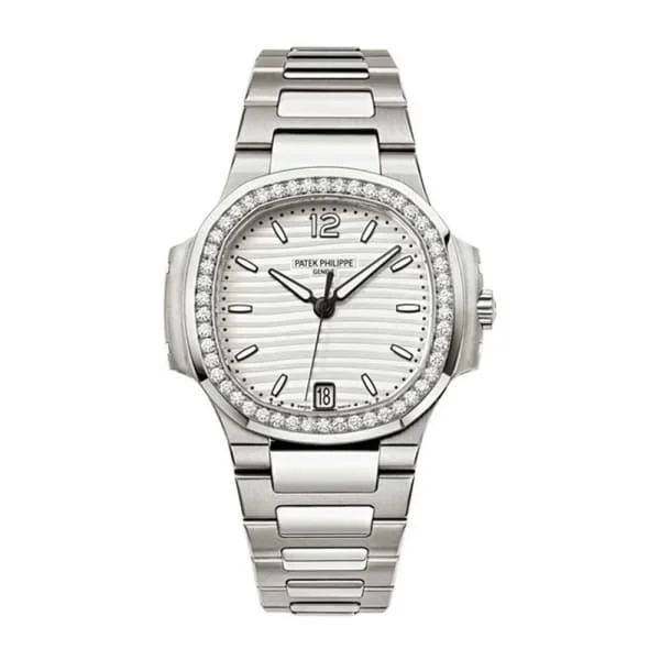 Patek Philippe Nautilus Ladies 33.6mm Women's Watch - Ref: 7018-1A-001 - Silver White Opaline Dial & Diamond Bezel in Stainless Steel Bracelet