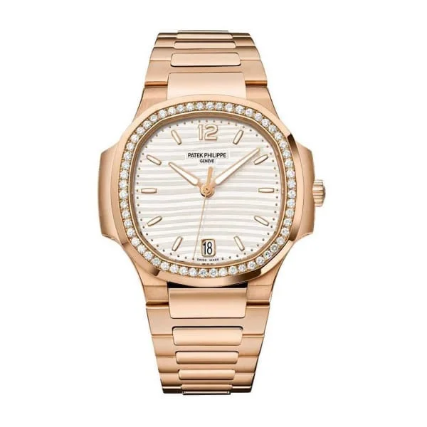 Patek Philippe Nautilus Ladies 35.2mm Women's Watch - Ref: 7118/1200R-001 - Silver White Opaline Dial & Diamond Bezel in 18K Rose Gold Pave Diamond Bracelet