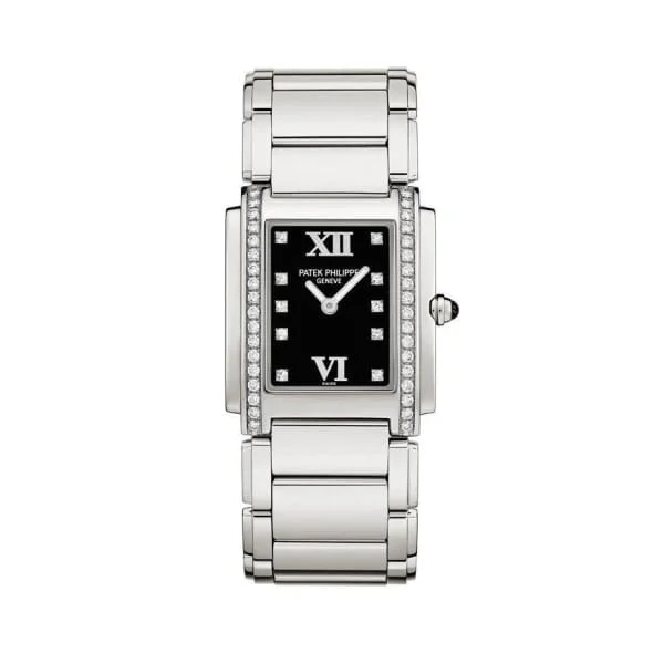 Patek Philippe Twenty 4 - 30mm Women's Watch - Ref: 4910/10A-001 - Black Diamond Dial, Diamond Case in Stainless Steel Bracelet