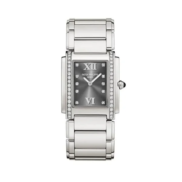 Patek Philippe Twenty 4 - 30mm Women's Watch - Ref: 4910/10A-010 - Gray Diamond Dial, Diamond Case in Stainless Steel Bracelet