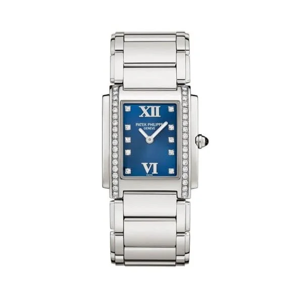 Patek Philippe Twenty 4 - 30mm Women's Watch - Ref: 4910/10A-012 - Blue Diamond Dial, Diamond Case in Stainless Steel Bracelet