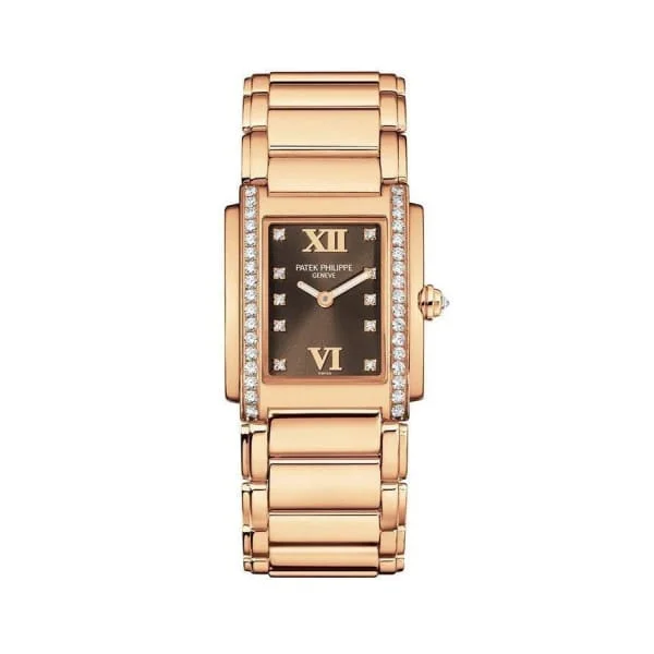 Patek Philippe Twenty 4 - 30mm Women's Watch - Ref: 4910/11R-010 - Chocolate Brown Dial, Diamond Case in 18K Rose Gold Bracelet