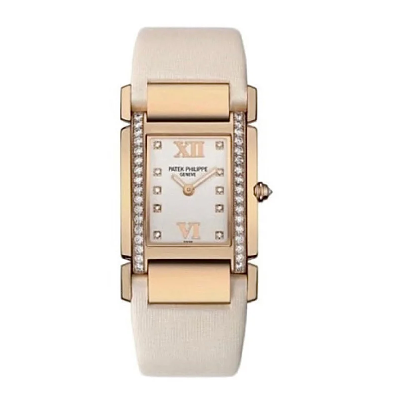 Patek Philippe Twenty 4 - 30mm Women's Watch - Ref: 4920R-010 - White Dial, Diamond Case in 18K Rose Gold Vanilla White Satin Strap