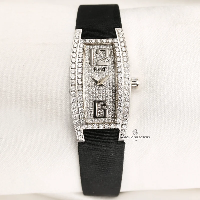 Piaget Limelight Tonneau 18k White Gold Pave Diamond Dial & Diamond Bezel