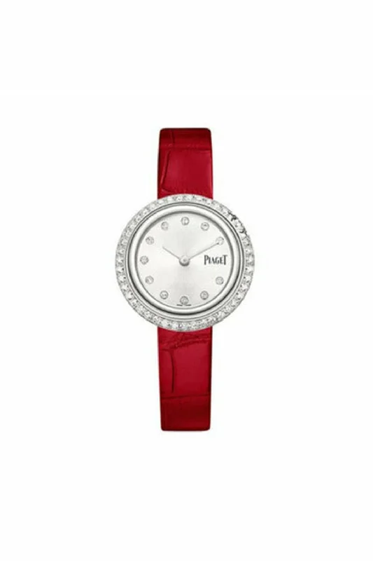 piaget possession watch white gold diamond silver dial red strap ref.  g0a43084