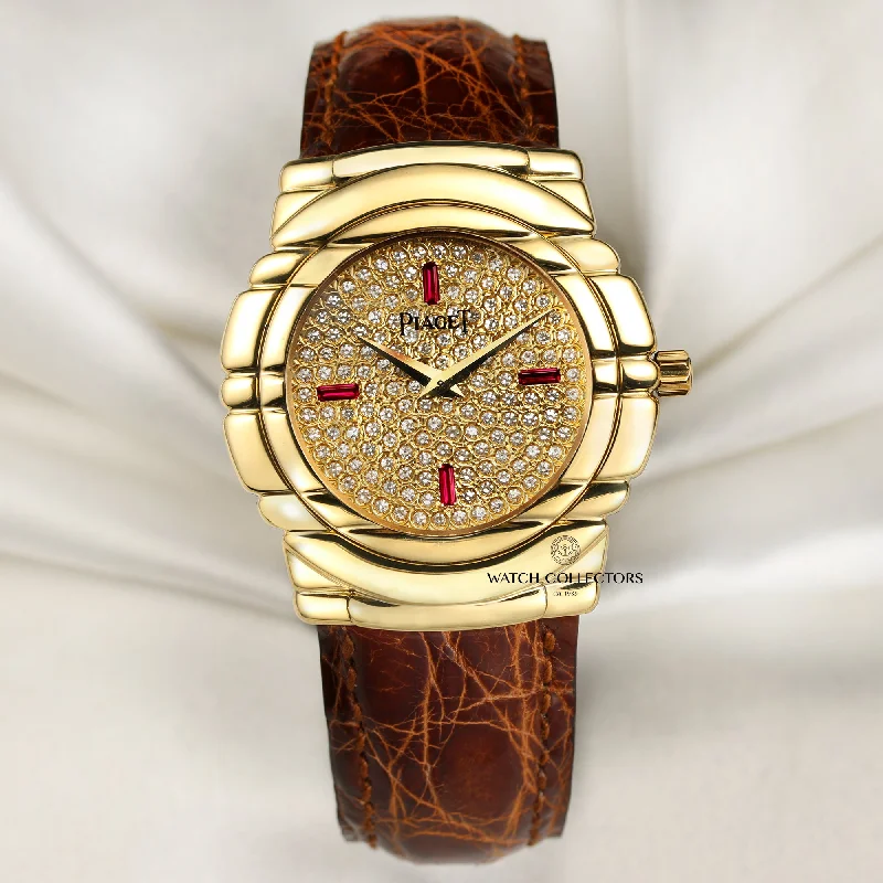 Piaget Tanagra GOA 15246 18k Yellow Gold Pave Diamond Dial & Ruby Baguettes