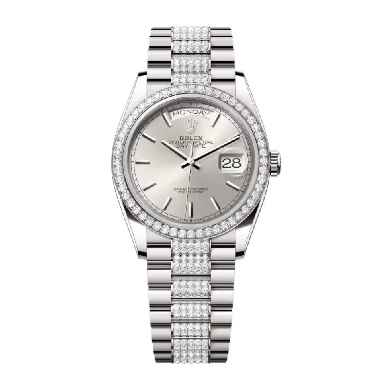 Rolex Day Date 36mm - Ref: 128349rbr-0013 - Silver Stick Dial & Diamond Bezel, 18K White Gold & Diamonds President Bracelet Watch