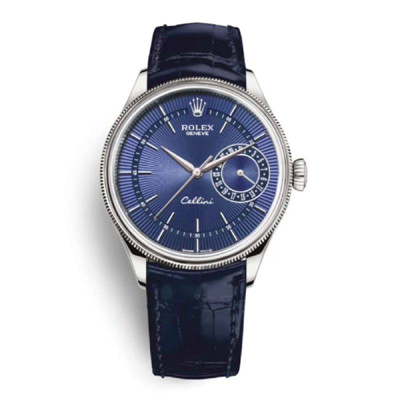 Rolex Cellini Date 39mm - Ref: 50519-0011 - Blue Guilloche Index Dial, Domed & Fluted Double Bezel, 18K White Gold & Blue Leather Strap Watch