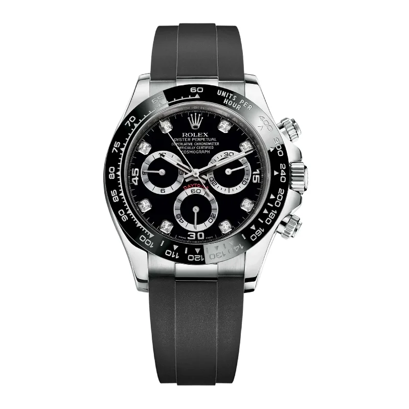 Rolex Cosmograph Daytona 40mm - Ref: 116519LN bkdof - Black Diamond Dial & Ceramic Bezel, 18K White Gold Case Black Oysterflex Bracelet Men's Watch