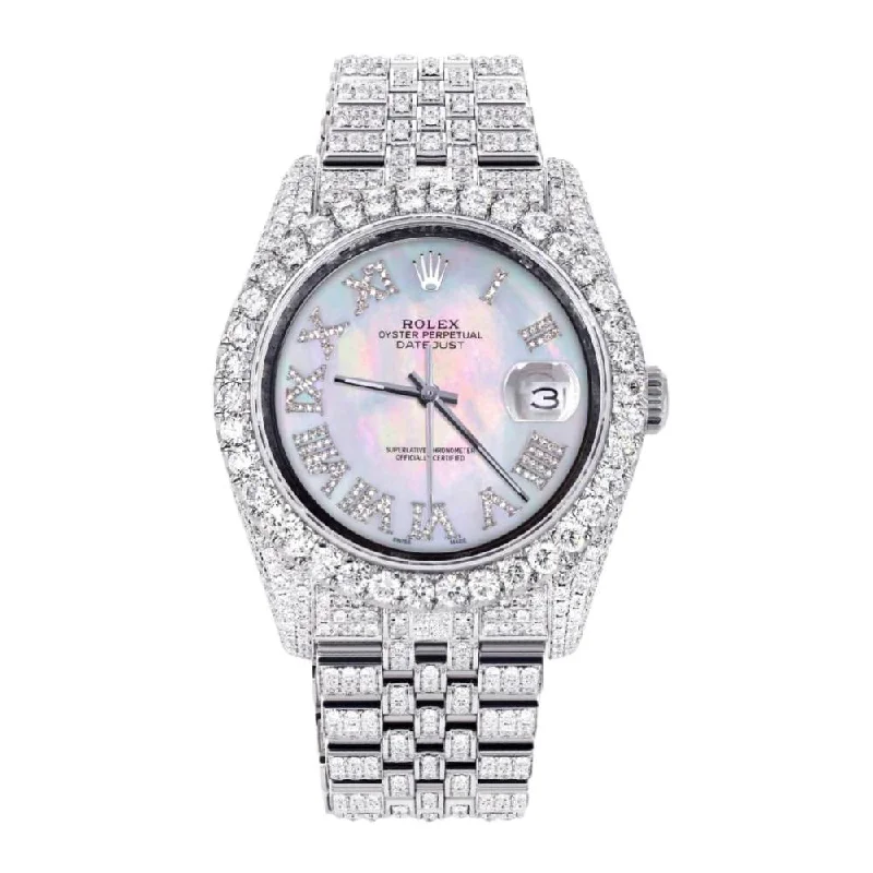 Rolex Datejust 36mm Custom Iced Out - Ref: 116200 - White Mother of Pearl Dial, Stainless Steel Jubilee Bracelet Watch