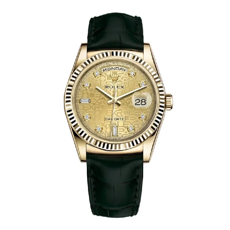 Rolex Day Date 36mm - Ref: 118138 - Champagne Jubilee Diamond Dial, 18K Yellow Gold & Black Leather Strap Watch