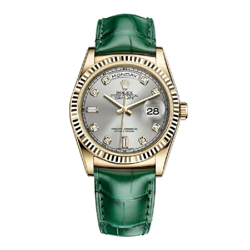 Rolex Day Date 36mm - Ref: 118138 - Silver Jubilee Diamond Dial, 18K Yellow Gold & Green Leather Strap Watch