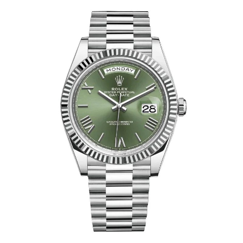 Rolex Day Date 40mm - Ref: 228236 ogrp - Olive Green Roman Dial & Fluted Bezel, Platinum President Bracelet Men's Watch