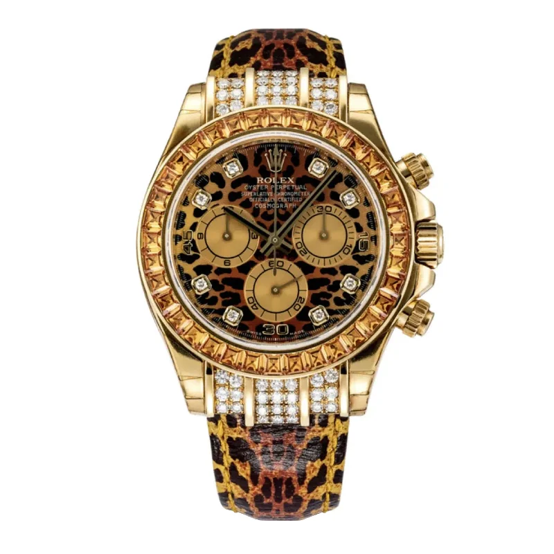 Rolex Cosmograph Daytona "Leopard" 40mm - Ref: 116598 - Leopard Diamond Dial & Orange Sapphire Bezel, 18K Yellow Gold & Leopard Print Leather Strap Watch