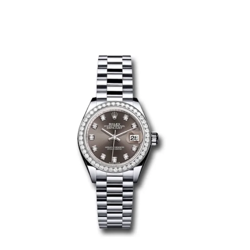 Rolex Lady-Datejust 28mm - Ref: 279136RBR dkgdp - Grey Diamond Dial & Diamond Bezel, Platinum Presidential Bracelet Women's Watch