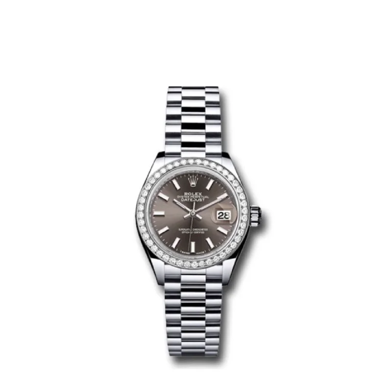 Rolex Lady-Datejust 28mm - Ref: 279136RBR dkgip - Grey Stick Dial & Diamond Bezel, Platinum Presidential Bracelet Women's Watch