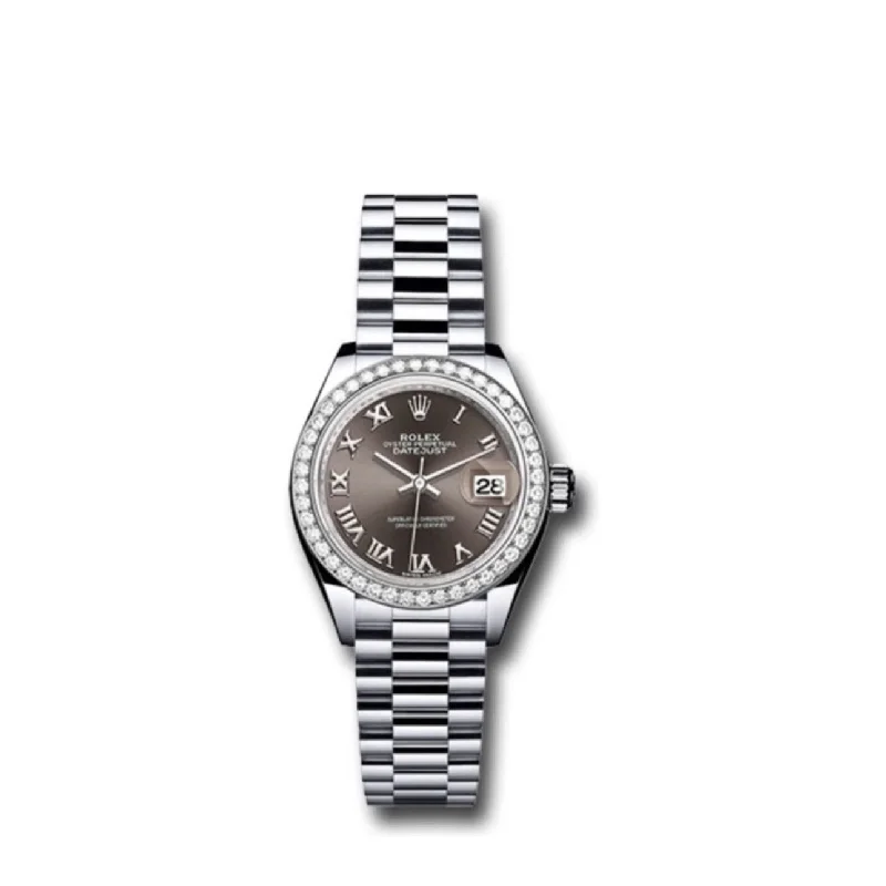 Rolex Lady-Datejust 28mm - Ref: 279136RBR dkgrp - Grey Roman Dial & Diamond Bezel, Platinum Presidential Bracelet Women's Watch