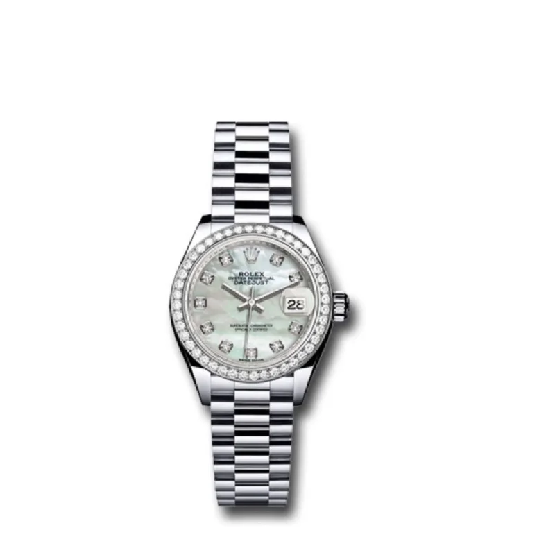 Rolex Lady-Datejust 28mm - Ref: 279136RBR mdp - White Mother of Pearl Diamond Dial & Diamond Bezel, Platinum Presidential Bracelet Women's Watch