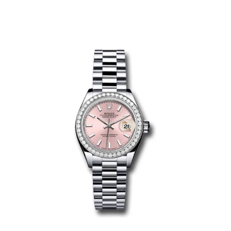 Rolex Lady-Datejust 28mm - Ref: 279136RBR pip - Pink Stick Dial & Diamond Bezel, Platinum Presidential Bracelet Women's Watch