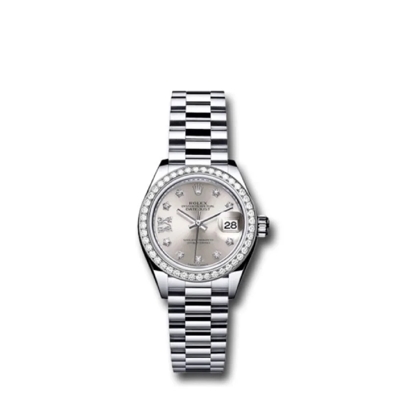 Rolex Lady-Datejust 28mm - Ref: 279136RBR s9dix8dp - Silver Diamond Dial & Diamond Bezel, Platinum Presidential Bracelet Women's Watch