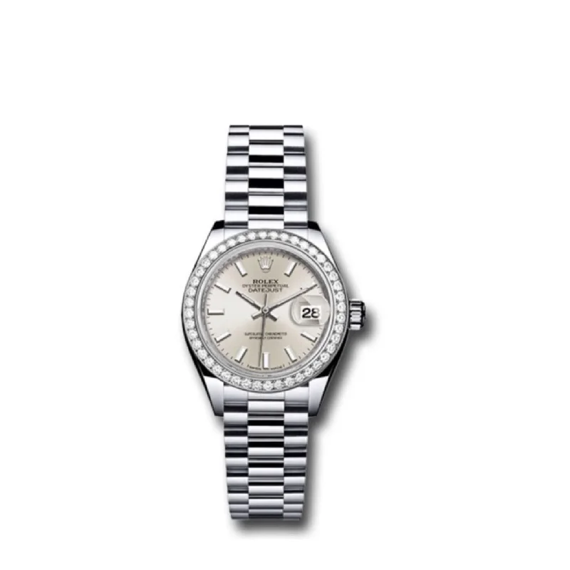 Rolex Lady-Datejust 28mm - Ref: 279136RBR sip - Silver Stick Dial & Diamond Bezel, Platinum Presidential Bracelet Women's Watch