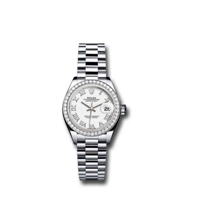 Rolex Lady-Datejust 28mm - Ref: 279136RBR wrp - White Roman Dial & Diamond Bezel, Platinum Presidential Bracelet Women's Watch