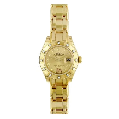 Rolex Pearlmaster 29mm - Ref: 80318 - Champagne Roman Dial & Diamond Bezel, 18K Yellow Gold Bracelet Women's Watch