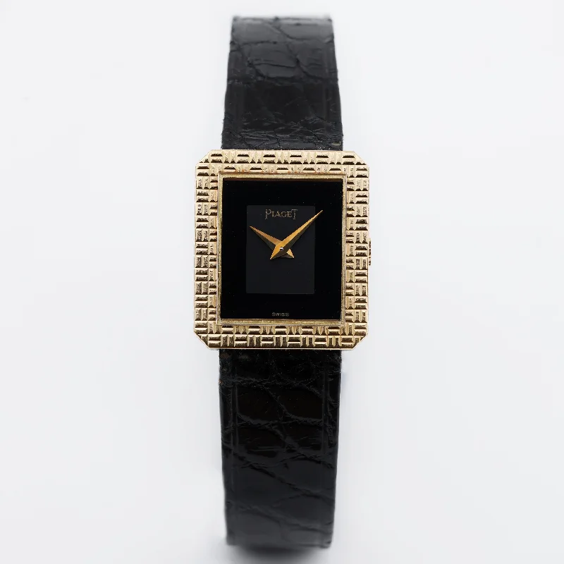 Unworn Piaget Vintage Ladies Wristwatch | REF. 41543 | Black & Grey Dial | Engraved Bezel | 20mm | 18k Yellow Gold | Manual Wind | 1982