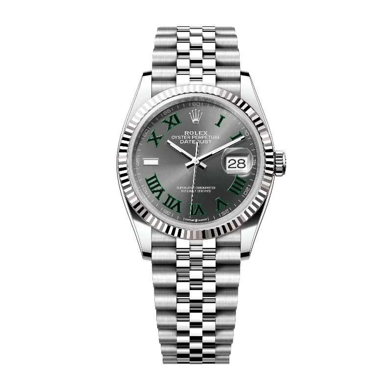 Rolex Datejust 36mm - Ref: 126234-0045 - Slate Grey Wimbledon Roman Dial & Fluted Bezel, Stainless Steel Jubilee Bracelet Watch